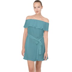 True Cadet Blue Teal Color Off Shoulder Chiffon Dress by SpinnyChairDesigns