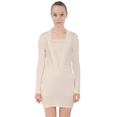 True Champagne Color V-neck Bodycon Long Sleeve Dress by SpinnyChairDesigns