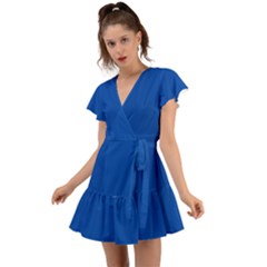 True Cobalt Blue Color Flutter Sleeve Wrap Dress by SpinnyChairDesigns