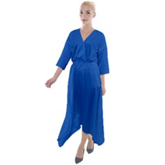 True Cobalt Blue Color Quarter Sleeve Wrap Front Maxi Dress by SpinnyChairDesigns