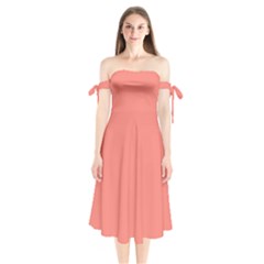 True Coral Pink Color Shoulder Tie Bardot Midi Dress by SpinnyChairDesigns