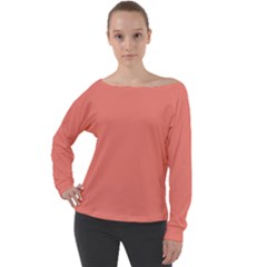 True Coral Pink Color Off Shoulder Long Sleeve Velour Top by SpinnyChairDesigns