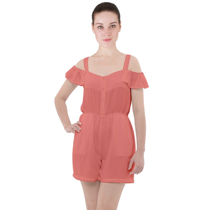 True Coral Pink Color Ruffle Cut Out Chiffon Playsuit