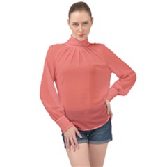 True Coral Pink Color High Neck Long Sleeve Chiffon Top by SpinnyChairDesigns