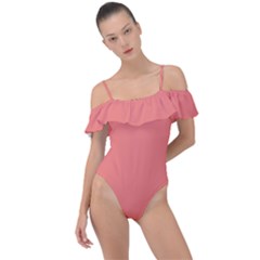 True Coral Pink Color Frill Detail One Piece Swimsuit by SpinnyChairDesigns