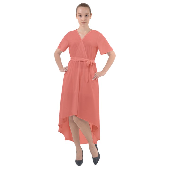 True Coral Pink Color Front Wrap High Low Dress