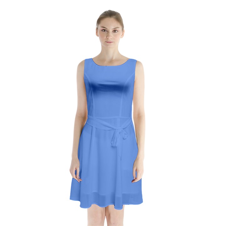 True Cornflower Blue Color Sleeveless Waist Tie Chiffon Dress