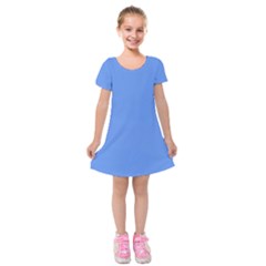 True Cornflower Blue Color Kids  Short Sleeve Velvet Dress by SpinnyChairDesigns