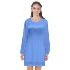 True Cornflower Blue Color Long Sleeve Chiffon Shift Dress  by SpinnyChairDesigns