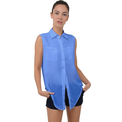 True Cornflower Blue Color Sleeveless Chiffon Button Shirt by SpinnyChairDesigns