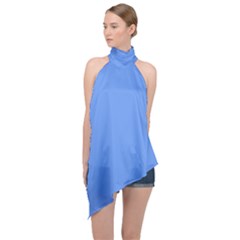 True Cornflower Blue Color Halter Asymmetric Satin Top by SpinnyChairDesigns