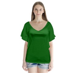 True Emerald Green Color V-neck Flutter Sleeve Top by SpinnyChairDesigns