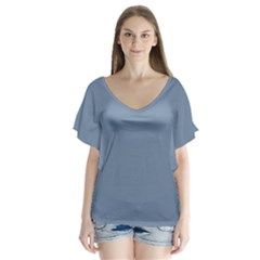 Faded Denim Blue Color V-neck Flutter Sleeve Top by SpinnyChairDesigns