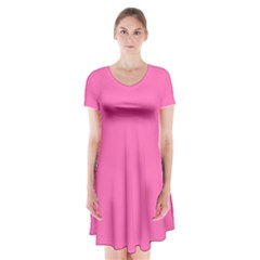 Hot Hollywood Pink Color Short Sleeve V-neck Flare Dress by SpinnyChairDesigns