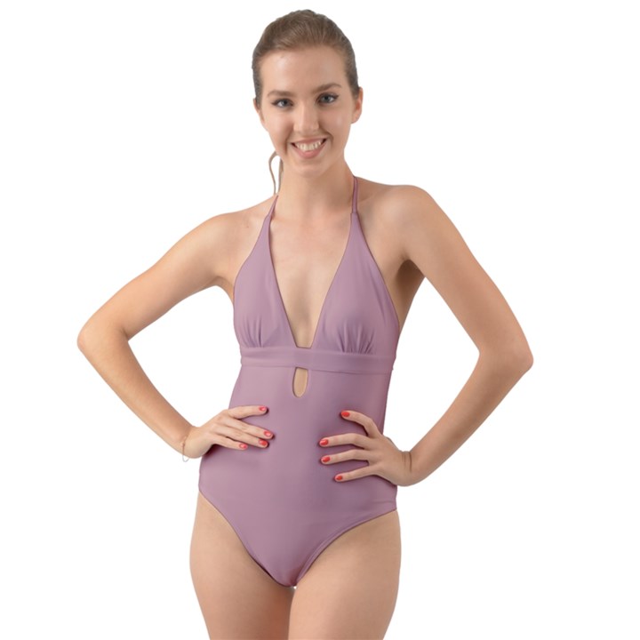 True Mauve Color Halter Cut-Out One Piece Swimsuit