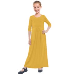 True Mustard Yellow Color Kids  Quarter Sleeve Maxi Dress by SpinnyChairDesigns