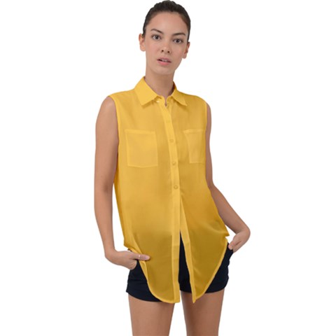 True Mustard Yellow Color Sleeveless Chiffon Button Shirt by SpinnyChairDesigns