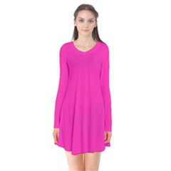 Neon Pink Color Long Sleeve V-neck Flare Dress by SpinnyChairDesigns