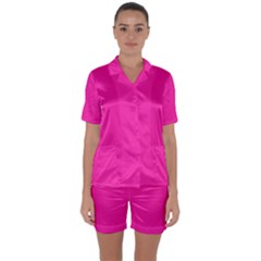 Neon Pink Color Satin Short Sleeve Pyjamas Set by SpinnyChairDesigns