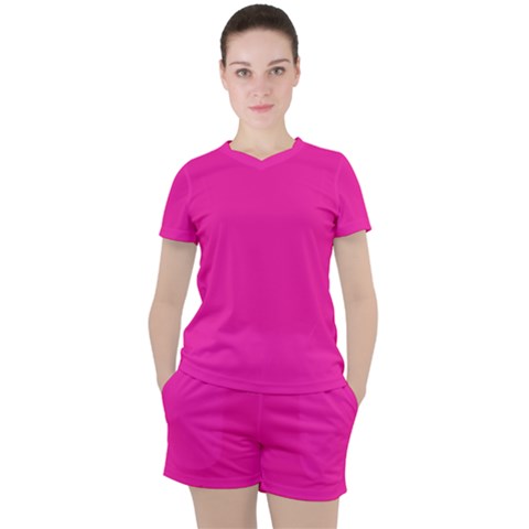 Neon Pink Color Women s Tee And Shorts Set by SpinnyChairDesigns