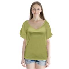 Olive Green Color V-neck Flutter Sleeve Top by SpinnyChairDesigns