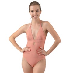 True Peach Color Halter Cut-out One Piece Swimsuit by SpinnyChairDesigns