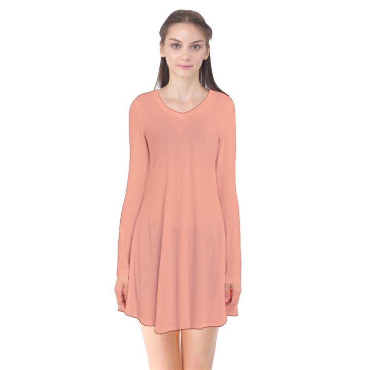 True Peach Color Long Sleeve V-neck Flare Dress