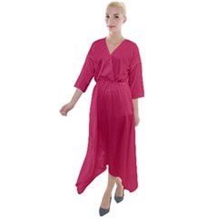 Rose Red Color Quarter Sleeve Wrap Front Maxi Dress by SpinnyChairDesigns