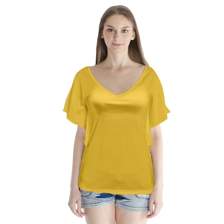 True Saffron Yellow Color V-Neck Flutter Sleeve Top