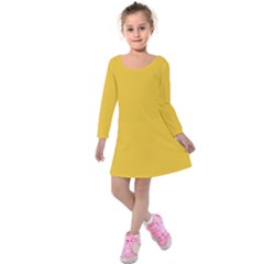 True Saffron Yellow Color Kids  Long Sleeve Velvet Dress by SpinnyChairDesigns