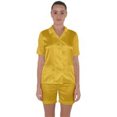 True Saffron Yellow Color Satin Short Sleeve Pyjamas Set by SpinnyChairDesigns