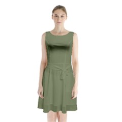 Sage Green Color Sleeveless Waist Tie Chiffon Dress by SpinnyChairDesigns