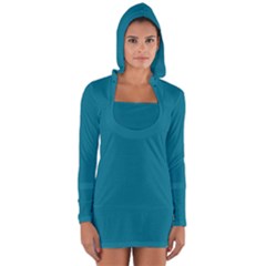 True Teal Blue Color Long Sleeve Hooded T-shirt by SpinnyChairDesigns