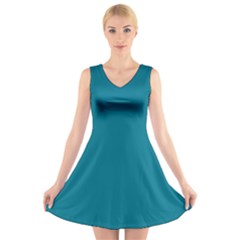 True Teal Blue Color V-neck Sleeveless Dress by SpinnyChairDesigns