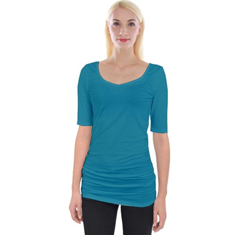 True Teal Blue Color Wide Neckline Tee by SpinnyChairDesigns