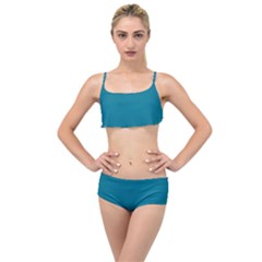 True Teal Blue Color Layered Top Bikini Set by SpinnyChairDesigns