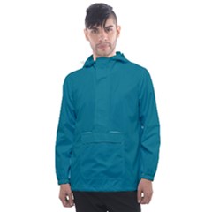 True Teal Blue Color Men s Front Pocket Pullover Windbreaker by SpinnyChairDesigns