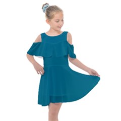 True Teal Blue Color Kids  Shoulder Cutout Chiffon Dress by SpinnyChairDesigns