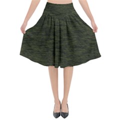 Army Green Color Textured Flared Midi Skirt