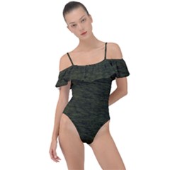 Army Green Color Textured Frill Detail One Piece Swimsuit by SpinnyChairDesigns