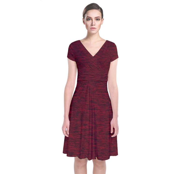 Dark Red Texture Short Sleeve Front Wrap Dress