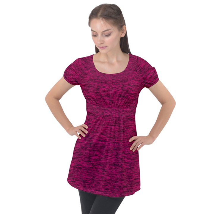 Fuschia Pink Texture Puff Sleeve Tunic Top