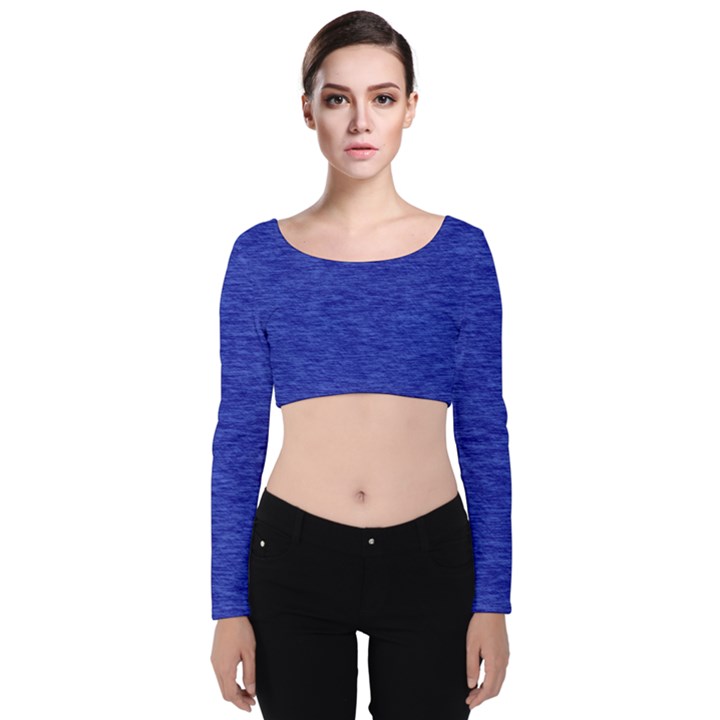 Cobalt Blue Color Texture Velvet Long Sleeve Crop Top