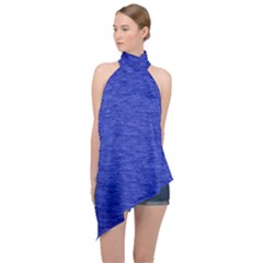 Cobalt Blue Color Texture Halter Asymmetric Satin Top by SpinnyChairDesigns