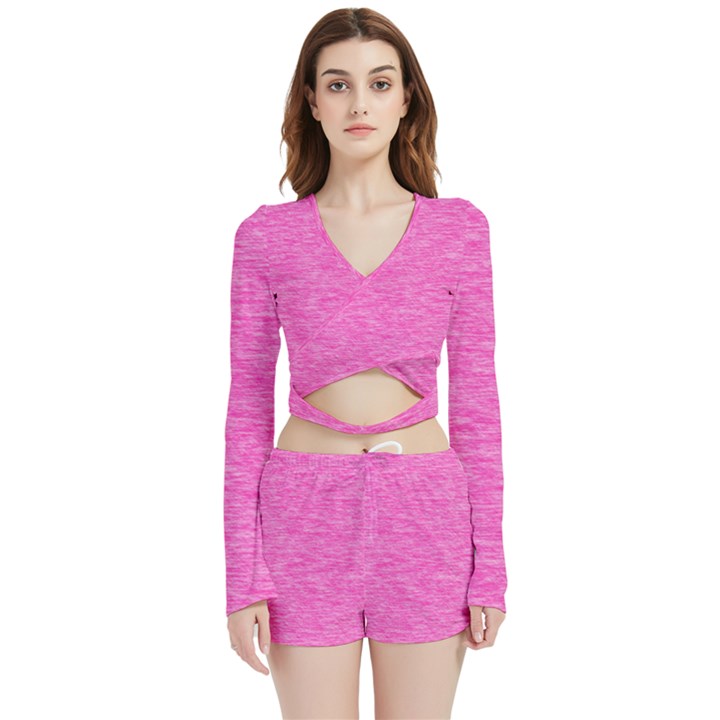 Neon Pink Color Texture Velvet Wrap Crop Top