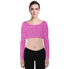 Neon Pink Color Texture Velvet Long Sleeve Crop Top by SpinnyChairDesigns