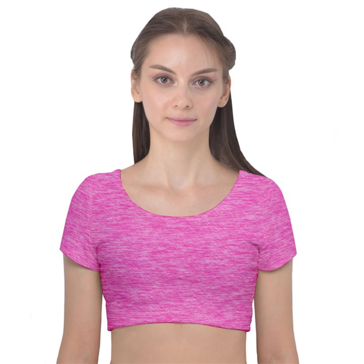 Neon Pink Color Texture Velvet Short Sleeve Crop Top 