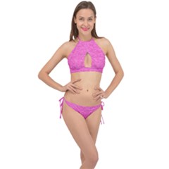 Neon Pink Color Texture Cross Front Halter Bikini Set by SpinnyChairDesigns