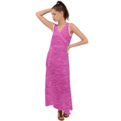 Neon Pink Color Texture V-neck Chiffon Maxi Dress by SpinnyChairDesigns