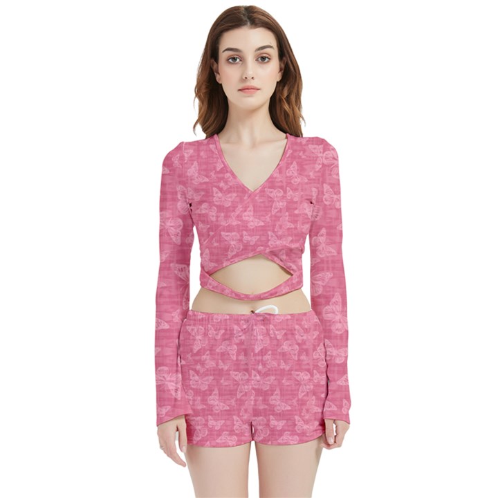 Blush Pink Butterflies Batik Velvet Wrap Crop Top